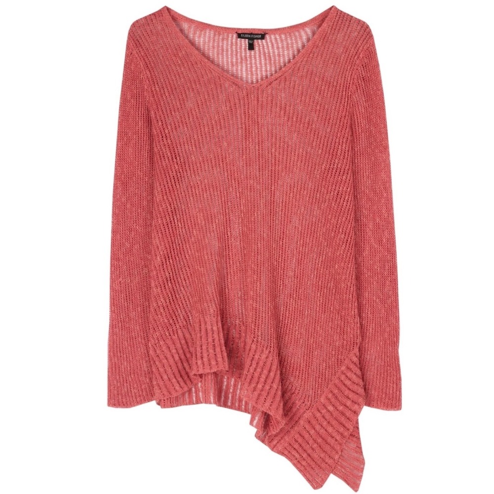 Eileen Fisher Linen Blend Asymmetrical V-Neck Open Knit Sweater Coral Pink Med
